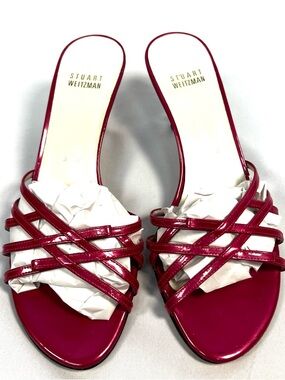 Stuart Weitzman Berry Pink Patent Leather Y2K Strappy Kitten Heels Size 9 M